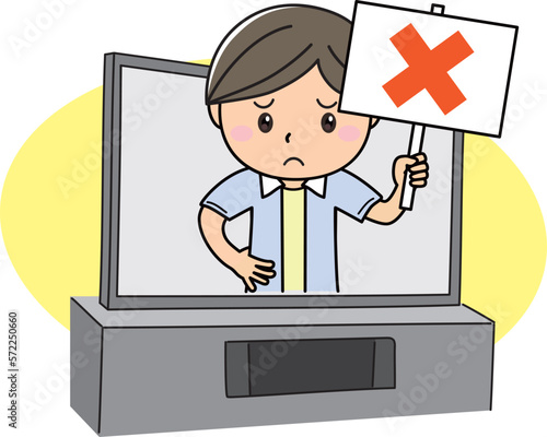 シンプルで大きなテレビ、液晶画面から不正解のプラカードを掲げる男性のイラスト