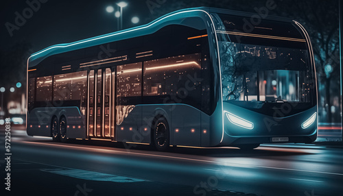 Future of urban autonomous mobility city bus. Public transport. Autonomous electric bus self driving on night street. generative AI 