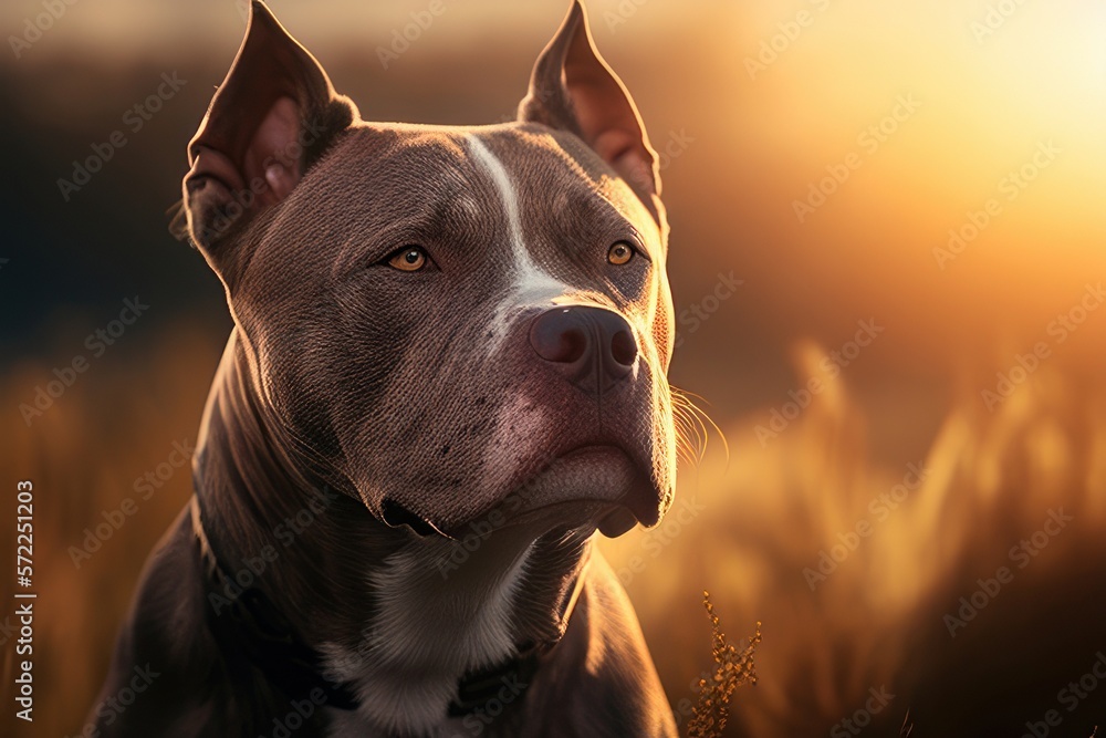 Pit Bull on a sunny day in close-up in a field in the background, Generative AI
