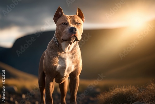 Pit Bull on a sunny day in close-up in a field in the background, Generative AI