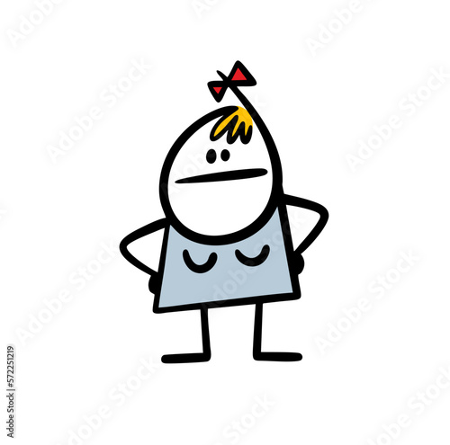 Cartoon disgruntled little girl with a pigtail and a bow looks reproachfully.