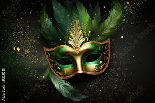 Carnival mask in golden and green. Mardi Gras. Generative ai. © FantasyEmporium