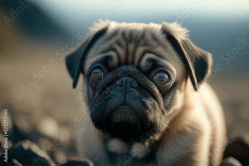 pug on a sunny day in close-up in a field in the background, Generative AI