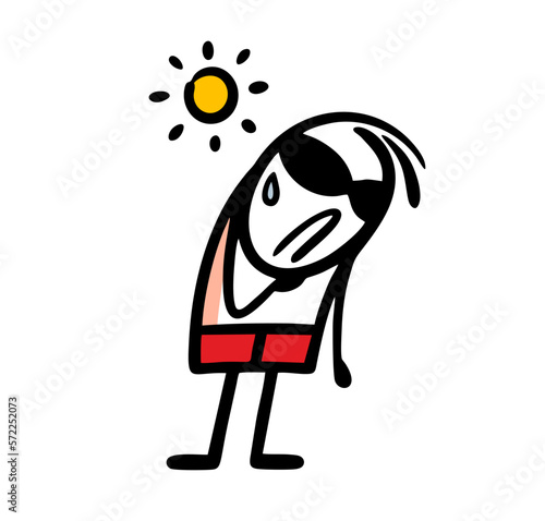 Poor stick figure character in red swimming trunks suffers from heat under the hot sun.