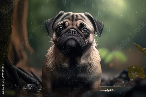 pug in rainy day  Generative AI photo