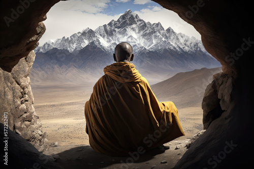 Generative AI Illustration of a sitting Tibetan Buddhist monk looking at the mou Fototapet