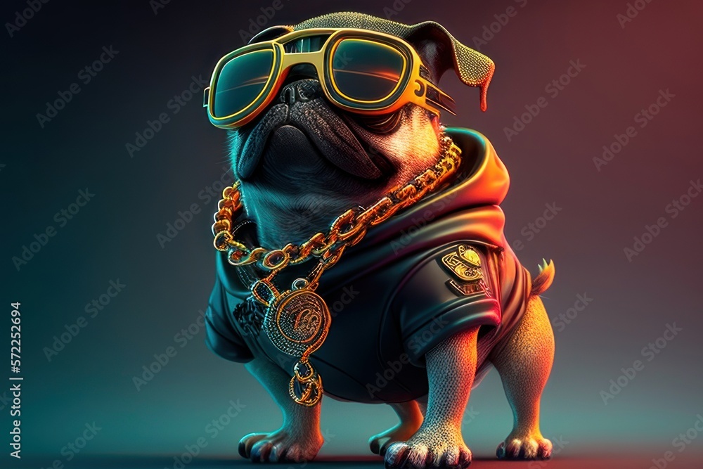 cartoon pug with sunglasses and accessory, made with Generative AI