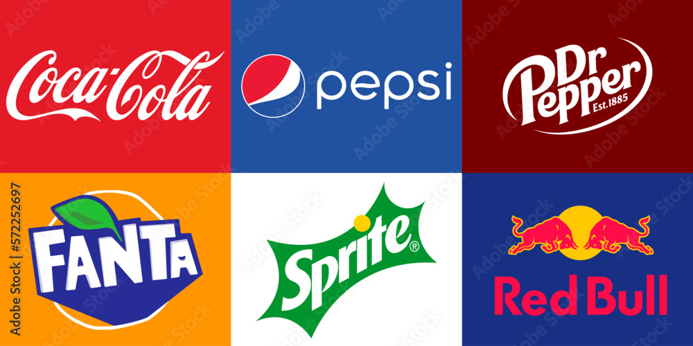 Carbonated soft drink logo set. Coca Cola, Pepsi, Dr Pepper, Red Bull