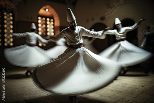 Generative AI Illustration of a group of Turkish dervishes in white dresses spinning inside a dark room photo