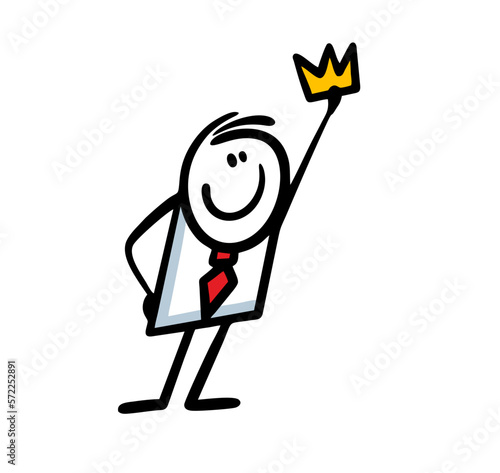 Funny businessman holds a golden crown in rising up hand.