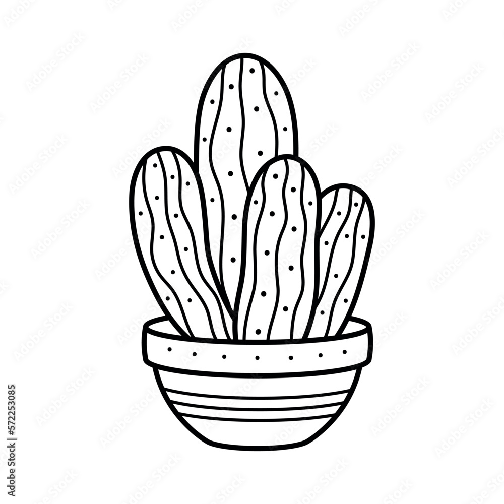 A beautiful linear cactus in a pot. House plant in doodle style. Simple clipart to design greeting cards, clothing, stationery for cactus lovers. Gardening, home entertainment and hobbies. A beautiful linear cactus in a pot. House plant in doodle style. Simple clipart to design greeting cards, clothing, stationery for cactus lovers. Gardening, home entertainment and hobbies.