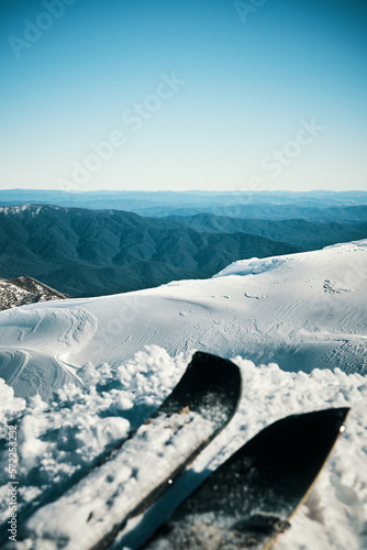 Splitboarding the main Range of snowy mountains overlooking the Geehi valley photo