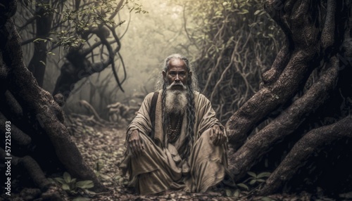 Old sadhu yogi sitting in a jungle forest.Guru of yoga illustration generative ai	