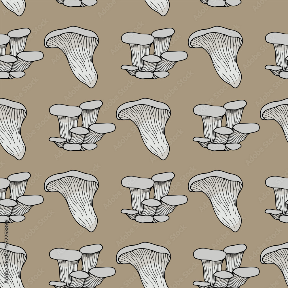 Seamless pattern with oyster mushrooms on a beige background. Vector image. Seamless pattern with oyster mushrooms on a beige background. Vector image.