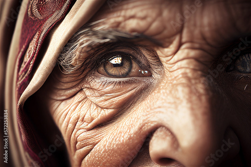 Photo of a an old arab woman with wrinkles and intens brown eyes wearing a hijab, illustration Generative Ai