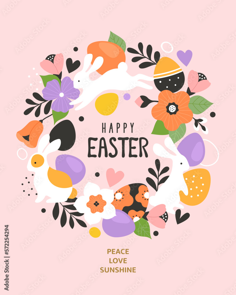 Happy Easter greeting card concept. Vector illustration with a colorful wreath of flowers, eggs, and rabbits in a modern simplified flat style. Isolated on light pink background.