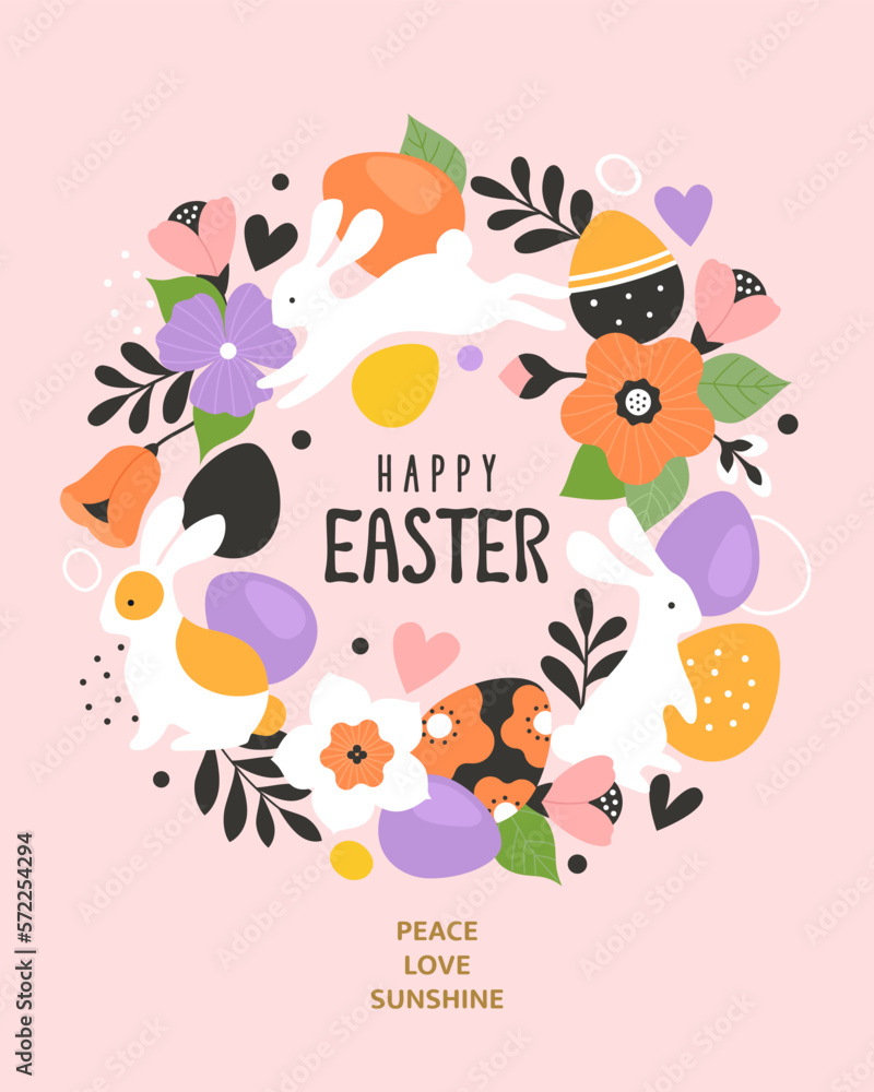 Happy Easter greeting card concept. Vector illustration with a colorful wreath of flowers, eggs, and rabbits in a modern simplified flat style. Isolated on light pink background. Happy Easter greeting card concept. Vector illustration with a colorful wreath of flowers, eggs, and rabbits in a modern simplified flat style. Isolated on light pink background.