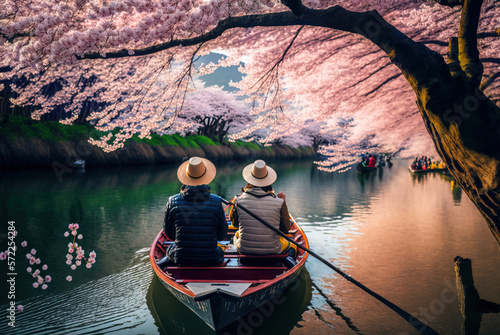 Fotografiet Two people in a Japanese kasa hat are sailing on a wooden boat with oars on the river during the sakura (cherry blossom) season, beautiful sakura flowers festival, japan