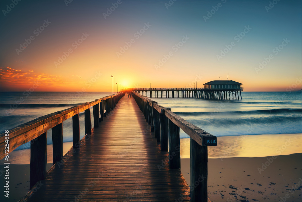 Romantic illustration with a wooden bridge leading to a house over the water, with a background of sunset and the ocean. Generative AI Romantic illustration with a wooden bridge leading to a house over the water, with a background of sunset and the ocean. Generative AI