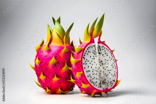 Cut dragonfruit lies on light white background. Generative AI photo