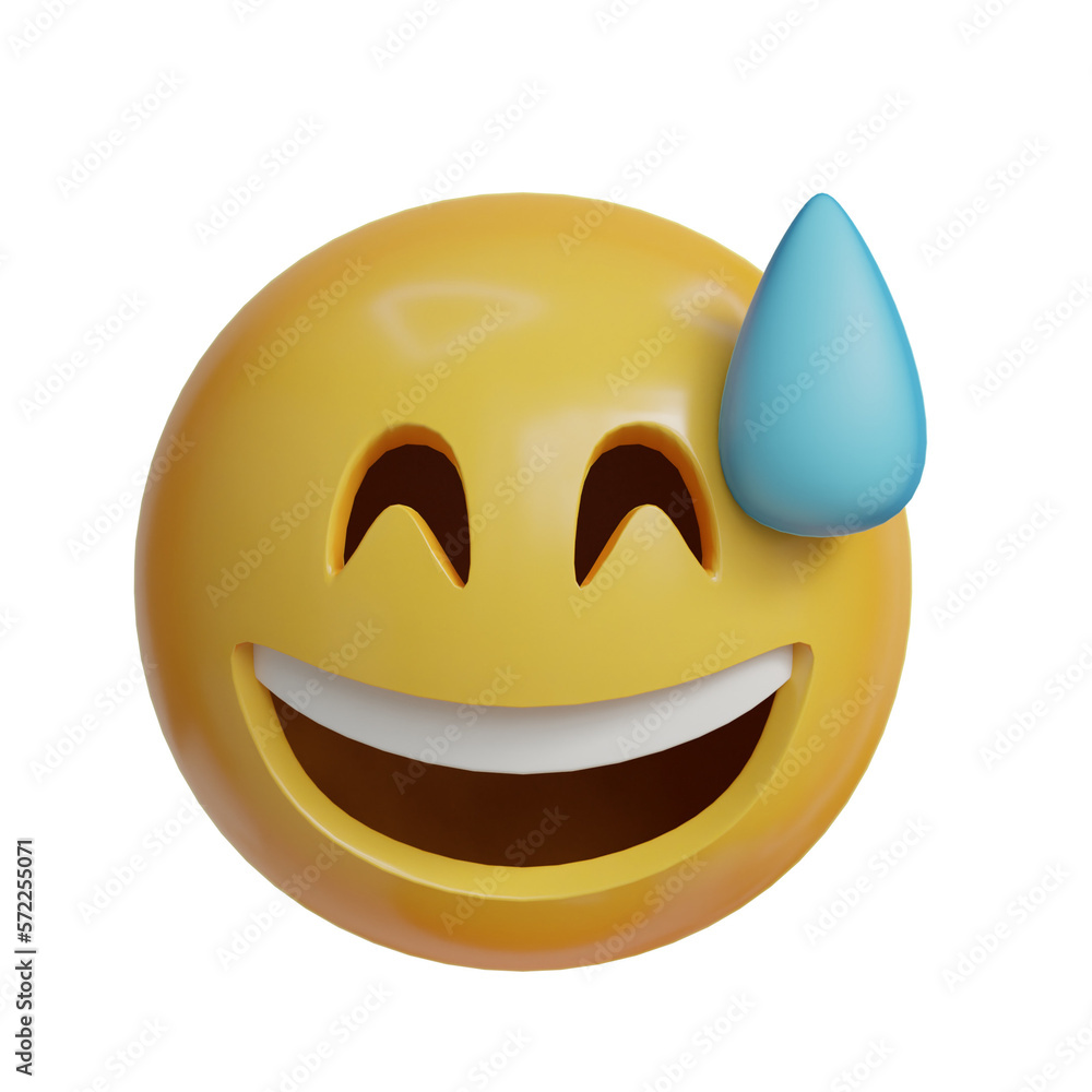 Sweat smile expression 3d emoji with water in head laugh front angle Sweat smile expression 3d emoji with water in head laugh front angle