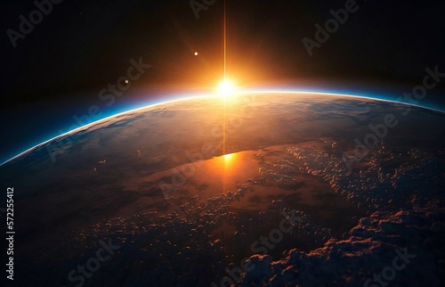 Sunset in Space on Earth Horizont. Generative AI