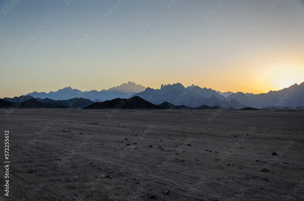 egyptian mountains in the desert at sunset near hurghada city