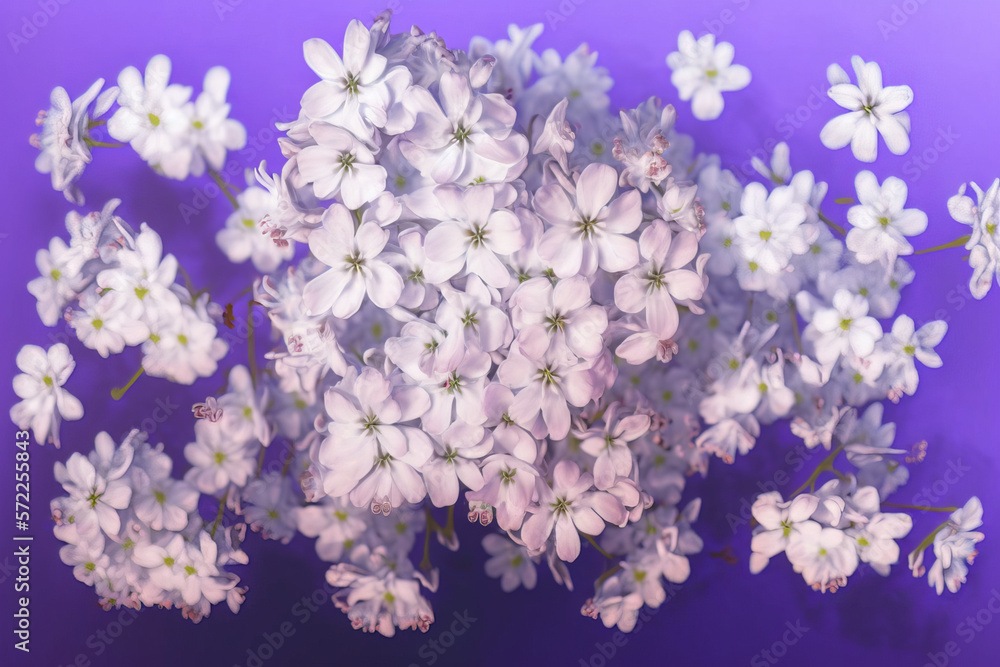 Fototapeta premium White cherry tree flowers scattered over a pink background, levitation, spring flowers conception, generated ai
