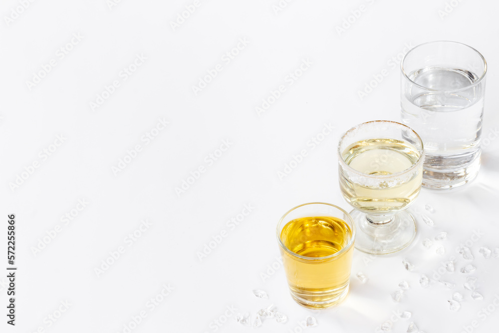 Strong alcohol set. Hard alcoholic drinks in glasses in assortment Strong alcohol set. Hard alcoholic drinks in glasses in assortment