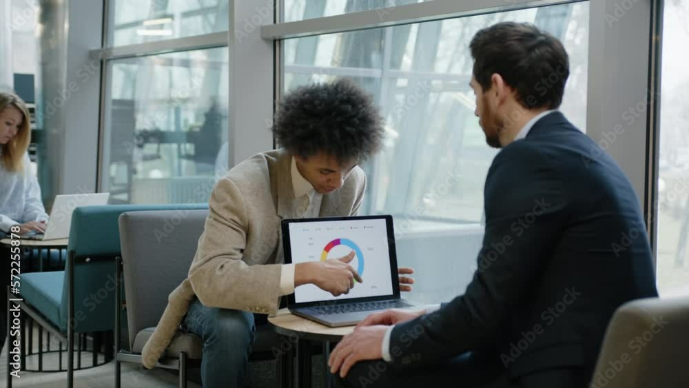 Portrait of African American trainee presenting new financial strategy to the company's CEO. Close-up view of successful coworkers working in modern, bright office. High quality 4k footage Portrait of African American trainee presenting new financial strategy to the company's CEO. Close-up view of successful coworkers working in modern, bright office. High quality 4k footage