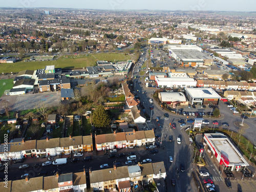 Aerial Image of Chaul End Lane Super Market and Retail Centre Commercial Ware Houses located at Central Luton Town of England. The Image Was Captured on 15-Feb-2023 with Drone's Camera photo