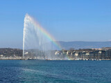 Jet d'Eau fountain at Geneva with rainbow