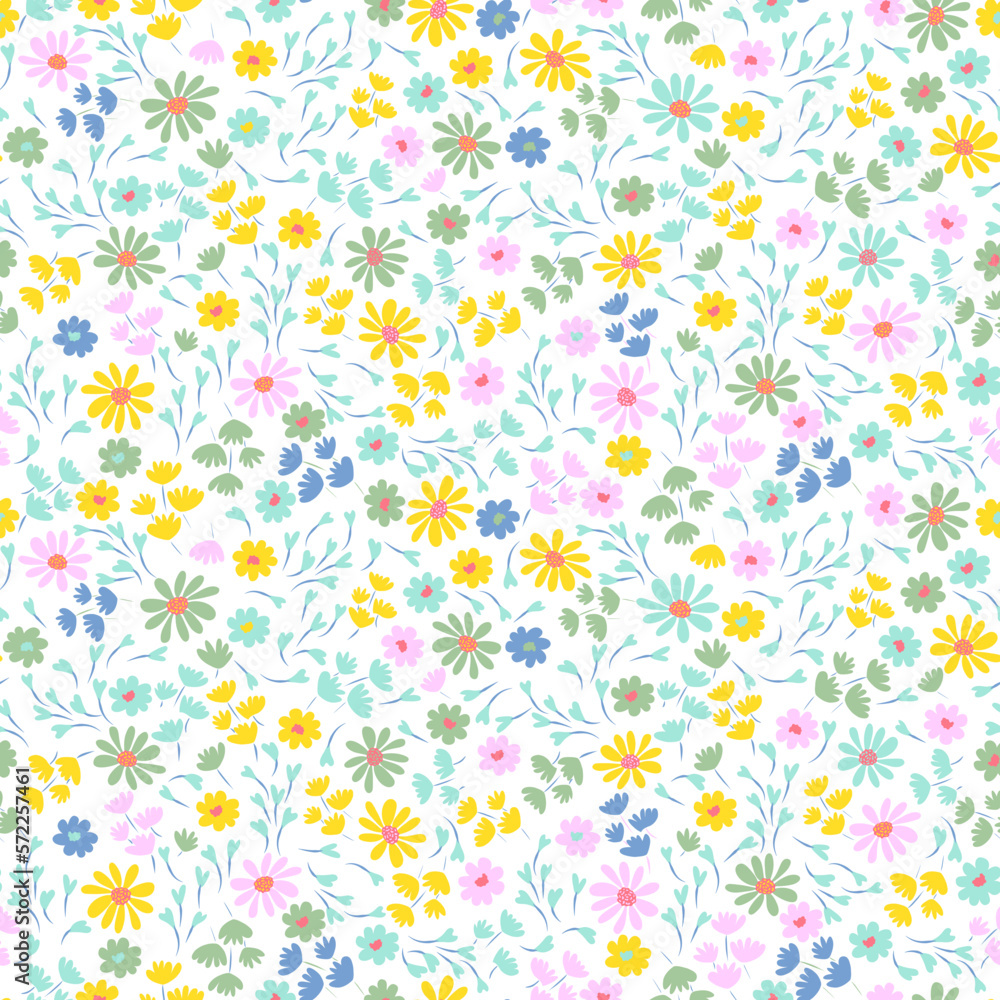 Floral pattern with small colorful cute flowers on a white background. Vintage pastel color pretty yellow, pink, blue tiny flowers. Ditsy print design
