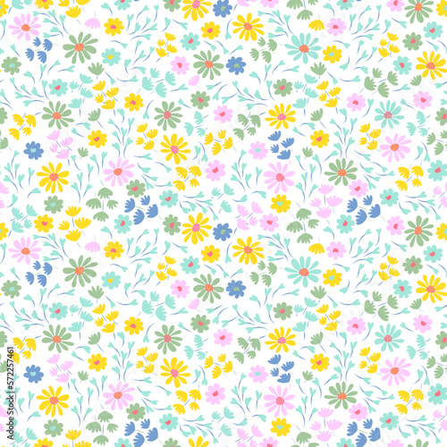 Floral pattern with small colorful cute flowers on a white background. Vintage pastel color pretty yellow, pink, blue tiny flowers. Ditsy print design