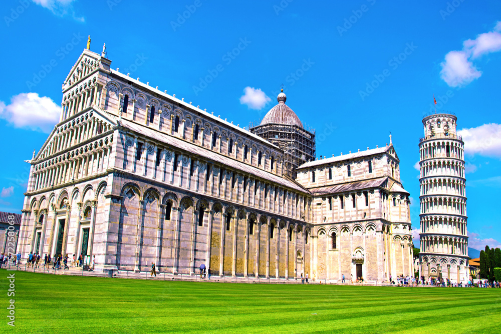 cathedral or Duomo di Santa Maria Assunta near famous Leaning Tower in Pisa, Italy. fascinating exotic amazing places. Piazza dei Miracoli.