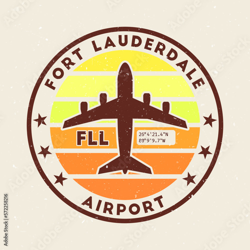Fort Lauderdale airport insignia. Round badge with vintage stripes, airplane shape, airport IATA code and GPS coordinates. Powerful vector illustration.