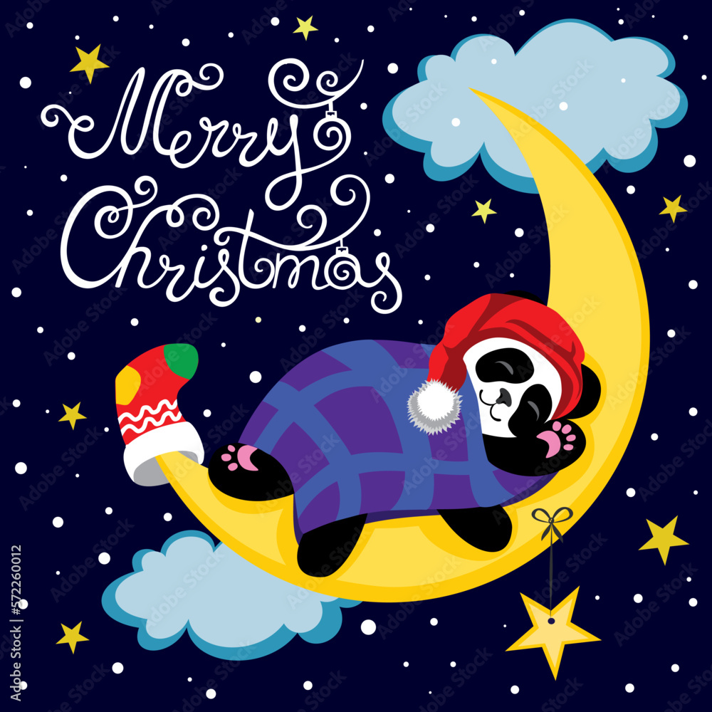 Fototapeta premium Panda sleeps on the moon. Panda is in starry sky. Vector illustration of panda cartoon. Calligraphy lettering vector illustration for decoration. Vector illustration for greeting card, poster.