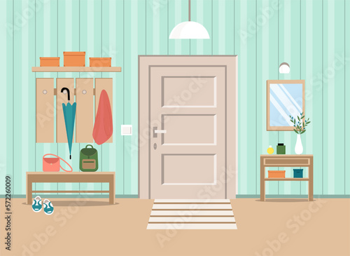 Interior of home entrance hall with door, lamp, mirror, bench, table, clothiers hanger, storage boxes. Vector illustration in flat style.
