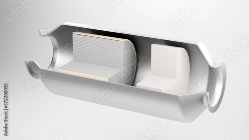 Axonometric view of a diesel particulate filter (dpf or fap) and catalytic converter (nox scn). 3D render