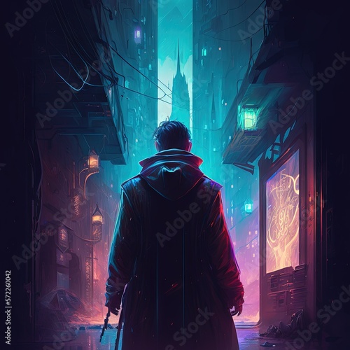 standing looking at a vibrant futuristic cyberpunk neon city skyline during a misty night Generative AI
