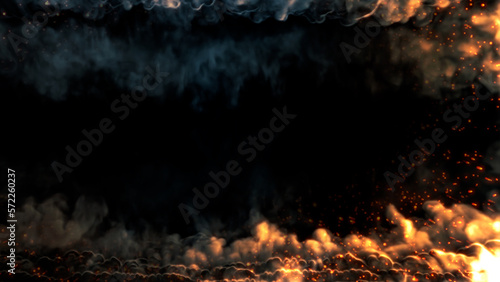 Square screen frame of blazing smoke with fire and sparks - abstract 3D rendering