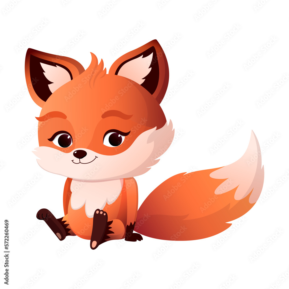 A cute little fox is sitting. Vector illustration with gradients isolated on white background. Kawaii character design for kids products.