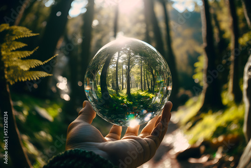 The green forest and sun light captured through a crystal lens ball. Generative AI