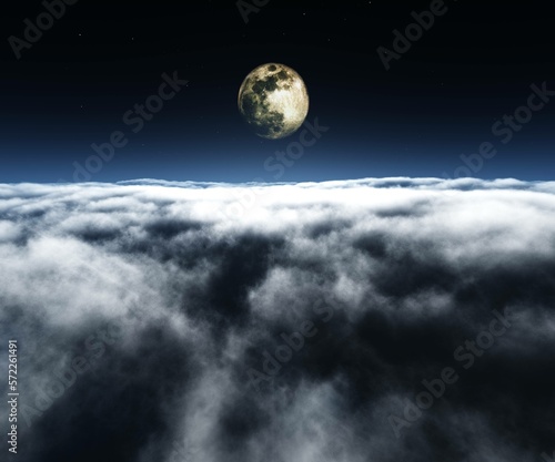 Moon above the clouds  clouds panorama at night  flying above the clouds in the rays of the moon  3d rendering
