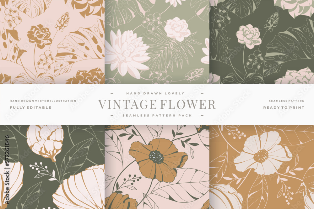 hand drawn beautiful vintage flower seamless pattern pack