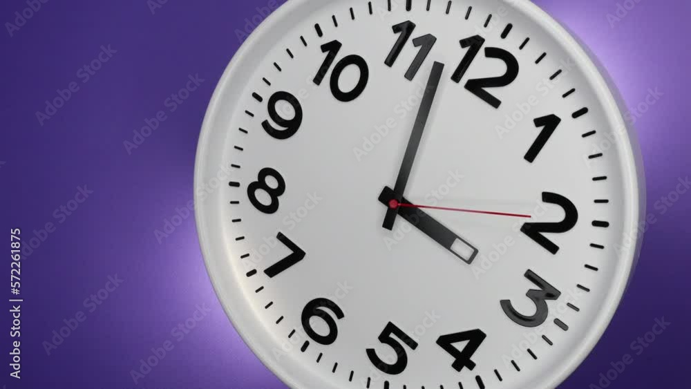A White Wall Clock On Purple Background With A Time Of 3.00 Am Or Pm. A Black Hands and Red Second Hand Of The Clock. Timelapse. 4k. ProRes. A White Wall Clock On Purple Background With A Time Of 3.00 Am Or Pm. A Black Hands and Red Second Hand Of The Clock. Timelapse. 4k. ProRes.