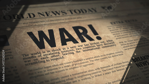 Various war headlines of an old vintage newspaper in editorial archive, global conflict concept