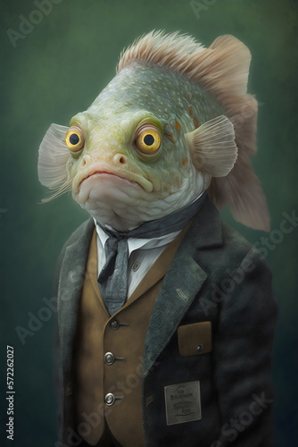 studio portrait of fish person dressed in vintage human clothes created with generative ai photo