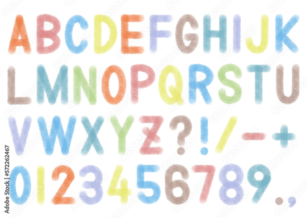 鉛筆のようなテクスチャを持つ手書きのアルファベットと数字のカラフルなフォント 鉛筆のようなテクスチャを持つ手書きのアルファベットと数字のカラフルなフォント