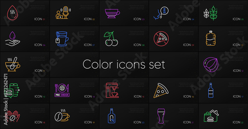Set of Hot water, Food delivery and Beer glass line icons. Include Gluten free, Pre-order food, Wine icons. Coffee maker, Mocha, Cooler bottle web elements. Tea cup, Water care, Tea. Vector